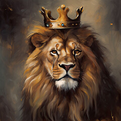 lion is the king of beasts, with a golden crown on his head, generative ai