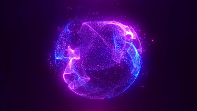 Abstract purple looped energy sphere of particles and waves of magical glowing on a dark background, video 4k