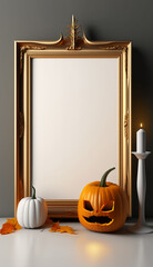 Vertical big gold poster frame mockup, candle, pumpkin and orange jack o lantern. Empty white print template for spooky Halloween party. Generative AI