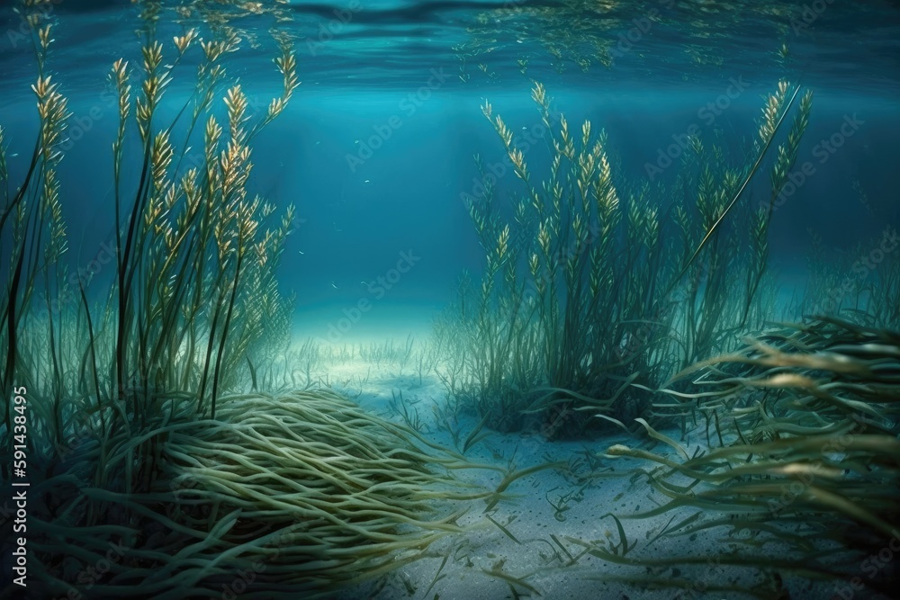 Wall mural an underwater world with sea grass and sand. Generative AI