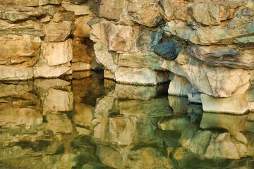 Closeup of a lake reflecting rocky cliffs background