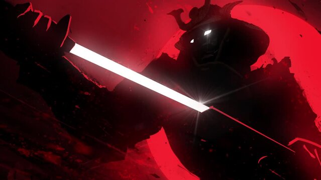 A sinister samurai in a helmet slowly pulls out his shiny katana against the bright blood-red sun, particles of ink and blood fly around him, his eyes glow ominously.  approaching 2d animated art