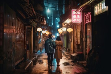 Fototapeta na wymiar Rear view of a man and woman walking down a cold winters city street