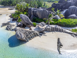 Aerial view of Anse Source d'Argent with its huge granite rocks and palms
