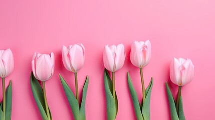 Tulips border with copy space on a colored background. Beautiful frame composition of spring flowers. Generative AI