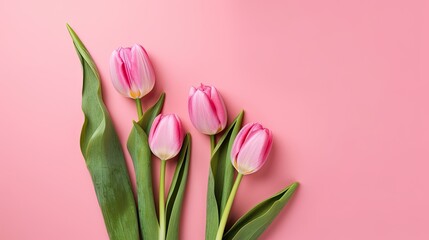 Tulips border with copy space on a colored background. Beautiful frame composition of spring flowers. Generative AI