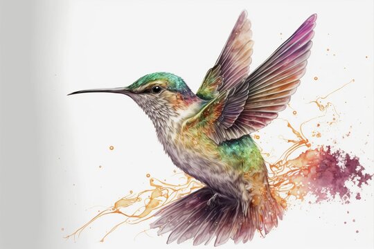 a hummingbird flying with an elaborate paint stroke around it