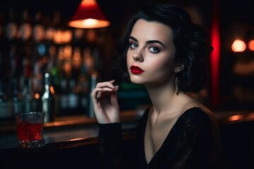 Beautiful young woman sitting alone at a bar with dim lighting