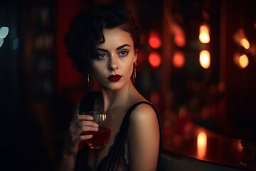 Beautiful young woman sitting alone at a bar with dim lighting