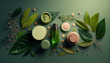 Eco friendly cosmetics decorated with green leaves. AI generated