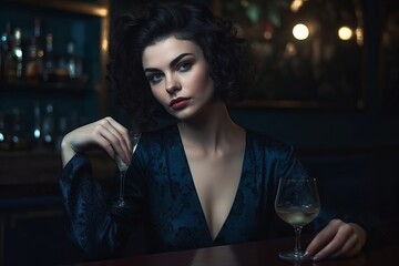 Beautiful young woman sitting alone at a bar with dim lighting