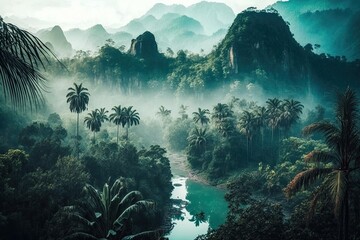serene river flowing through a tropical landscape with towering mountains and lush palm trees. Generative AI