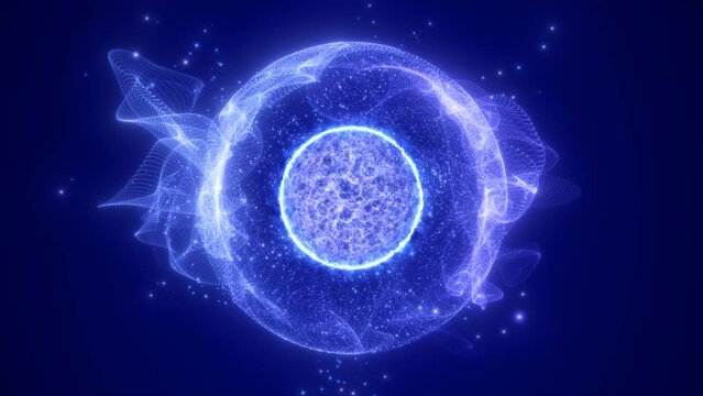 Abstract blue round energy sphere from particles and waves of futuristic hi-tech glowing background, video 4k, 60 fps