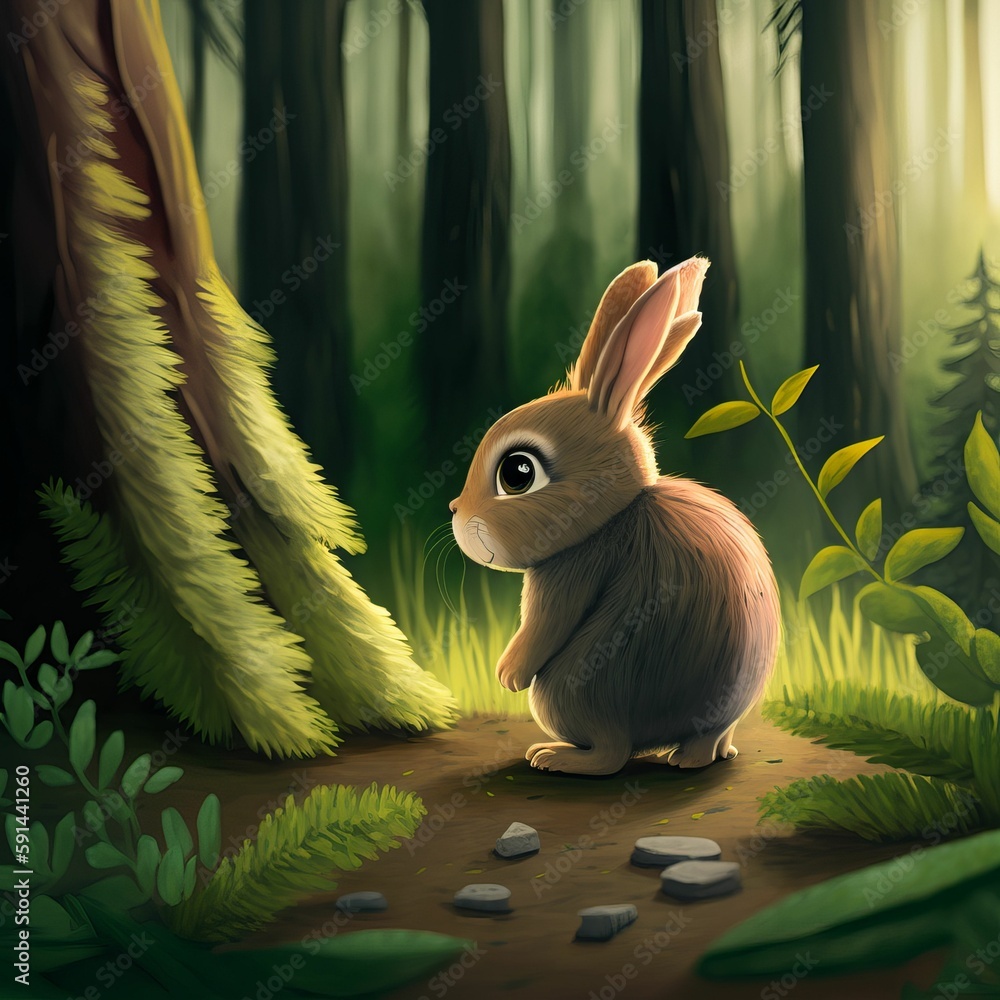 Poster a rabbit in the forest and some bushes in front of it