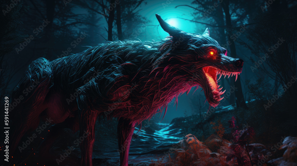 Wall mural wolf in the night, halloween monster werewolf moonlight - by generative ai