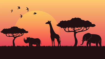 Plakat savanna landscape at the sunset. trees and animals silhouettes and vivid sky