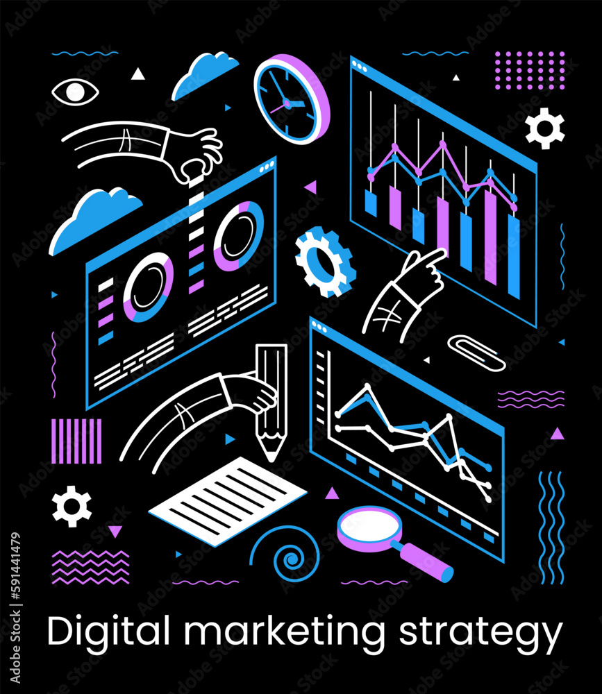 Poster а team build a chart and graphs. concept of the idea of marketing digital strategy. data analysis.
