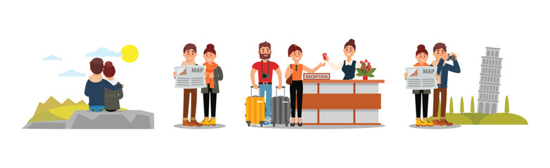 Obraz premium Young Couple Travelling on Vacation Vector Illustration Set