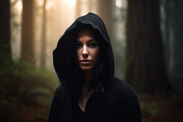 Beautiful sultry looking woman standing alone in a forest