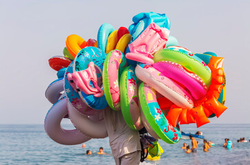 A seller with a bunch of different rubber rings and inflatable life-saving equipment strolls along the beach