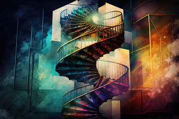 Abstract spiral staircase illustration. Concept art of an human mind. (Generative AI)