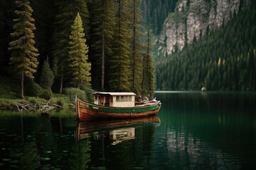 Obraz premium serene boat ride through a lush forest lake. Generative AI