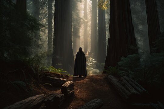 Single person figure standing in the distance amongst giant redwood trees