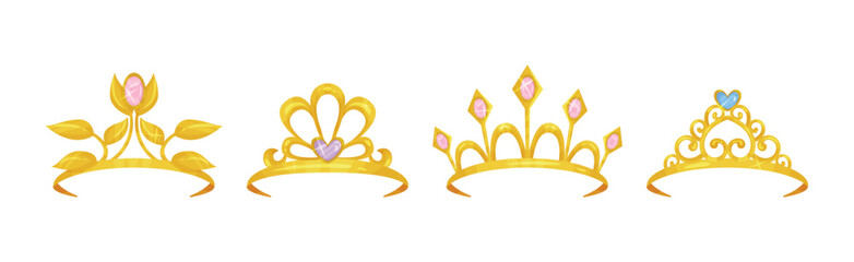 Golden Tiaras or Diadem with Gemstones Vector Set