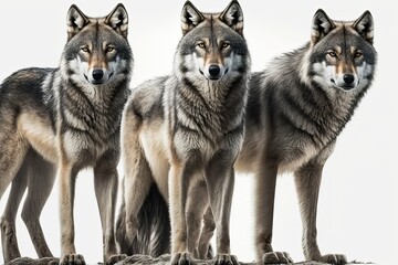Obraz premium three wolves standing together on a plain white background. Generative AI