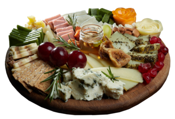 Cheese platter. Appetizers boards with assorted cheese, honey, dried figs and cherries, grapes and nuts. Isolated