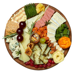 Cheese platter. Appetizers boards with assorted cheese, honey, dried figs and cherries, grapes and...