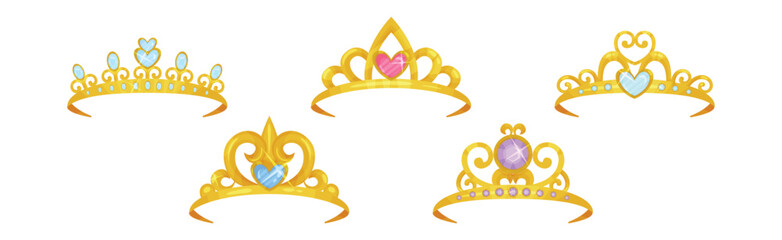 Golden Tiaras or Diadem with Gemstones Vector Set