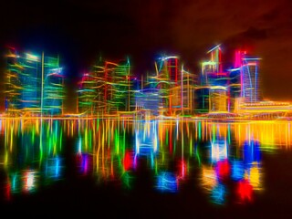 Long exposure shot of the city lights reflecting on the surface of a lake at night, Singapore