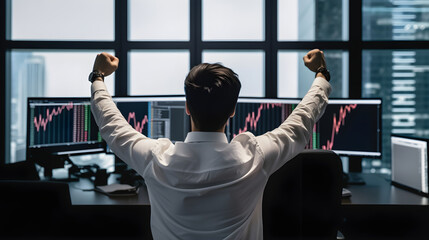 businessman looks at the stock exchange on the monitor with his hands up in joy. Generative AI