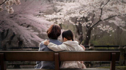 mother and daughter are sitting on a bench surrounded by cherry blossoms. Generative AI