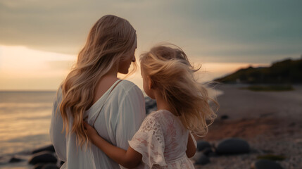 daughter hugs her mother and congratulates her on mother's day. Generative AI