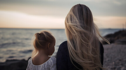 mother and daughter looking at the sea and enjoying mother's day. Generative AI