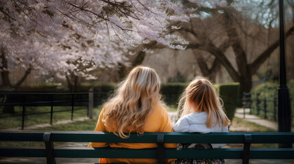 mother and daughter sitting on park bench and enjoying mother's day. Generative AI