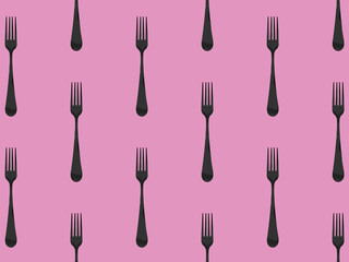 pattern. Fork top view on pastel purple background. Template for applying to surface. Horizontal image. Flat lay. 3D image. 3D rendering.