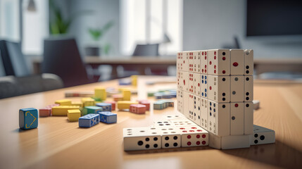 dominoes and blocks are arranged in the office on the conference table. Generative AI