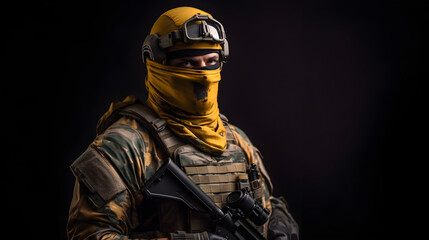 soldier in black background waitining for war. Generative AI