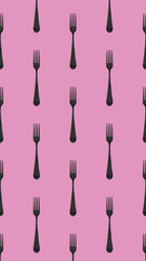 pattern. Fork top view on pastel purple background. Template for applying to surface. Vertical image. Flat lay. 3D image. 3D rendering.