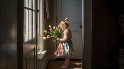girl holding a bouquet of tulips and preparing to congratulate her mother on mother's day. Generative AI