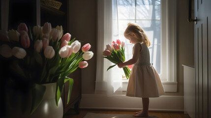girl holding a bouquet of tulips and preparing to congratulate her mother on mother's day. Generative AI