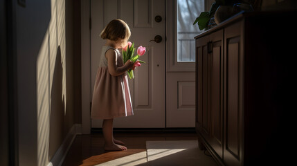 girl holding a bouquet of tulips and preparing to congratulate her mother on mother's day. Generative AI