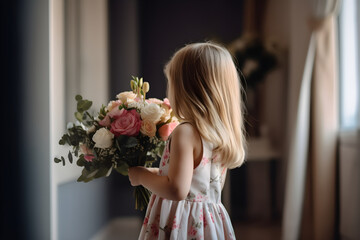 girl holding a bouquet of flowers and preparing to congratulate her mother on mother's day. Generative AI