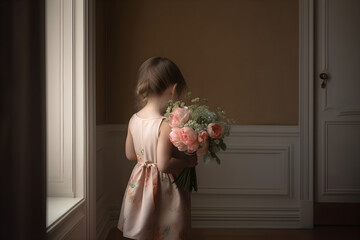 the girl is holding a bouquet of flowers and is preparing to congratulate her mother on the occasion of Mother's Day. Generative AI