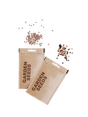 Packet of seeds for the vegetable garden, isolated on a white background. Radish seeds and climbing flowers.