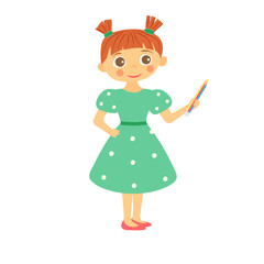 Little redhead girl in a green dress with a pencil