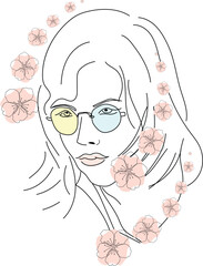 Portrait of a beautiful girl in colorful glasses with flowers in her hair. Line art vector image.